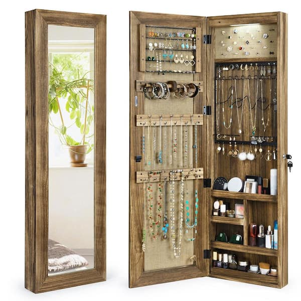 Afoxsos 47.2 in. Grayish Brown Jewelry Armoire, Lockable Tall Mounted Mirror Cabinet w/ Full-Length Mirror, Drawers & Lights
