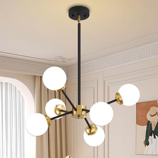 Modern Chandeliers 6-Light Vintage Black and Gold Sputnik Chandelier for Living Room, Ceiling Lights with Glass Shade