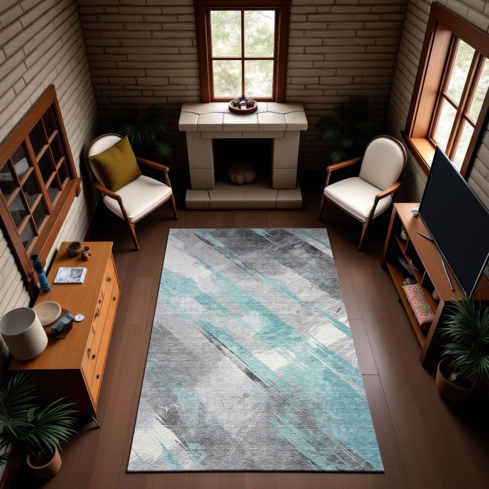 Mayfield Premium Machine Washable Abstract AMF1535 Teal 3 ft. x 5 ft. Area Rug price history on PriceWatchPro