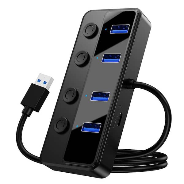 4-Port USB 3.0 Hub with Individual LED Power Switches 5 Gbps Data Transfer Splitter 2 ft. Extension Cable