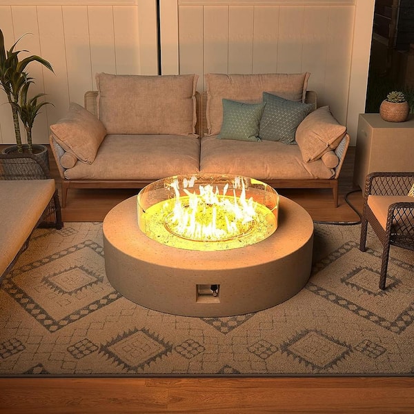 42 in. Terrazzo Beige Outdoor Round Gas Fire Pit Table with Tank Cover and Wind Guard