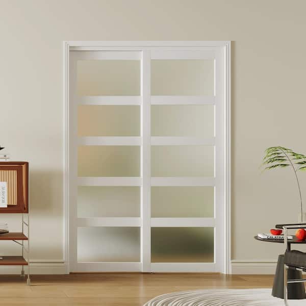 60 in. x 80 in. MDF, Solid Core, White Double Slide Frosted Glass, 5-Panel Sliding Door with All Hardware