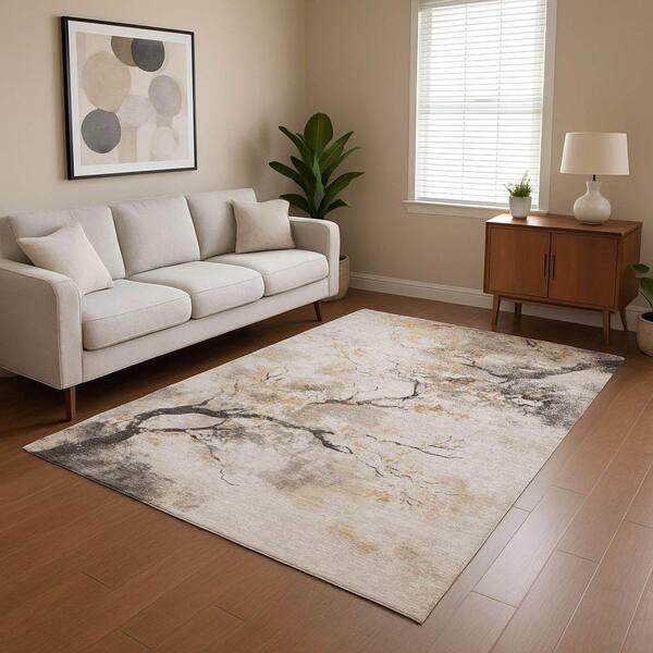 Mayfield Premium Machine Washable Abstract AMF1804 Putty 3 ft. x 5 ft. Area Rug