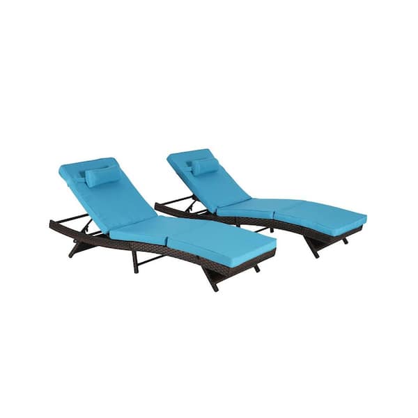 SereneVita Wicker Outdoor Chaise Lounge with Light Blue Cushions Set of 2, Lounge Chair Sunbathing Chairs Recliner up to 150°