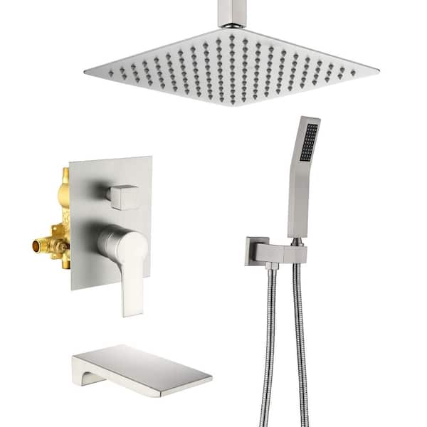 WATWAT liric Single-Handle 2-Spray 1.8 GPM 10 in. Ceiling Mount Rainfall Shower Heads with Hand Shower Faucet in Brushed Nickel