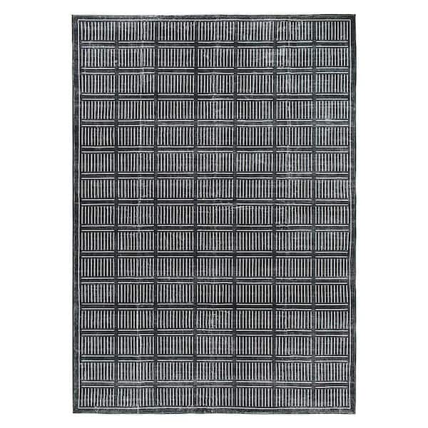 Bohemian Stripe Lines Washable Non Slip Black 5 ft. x 7 ft. Area Rug