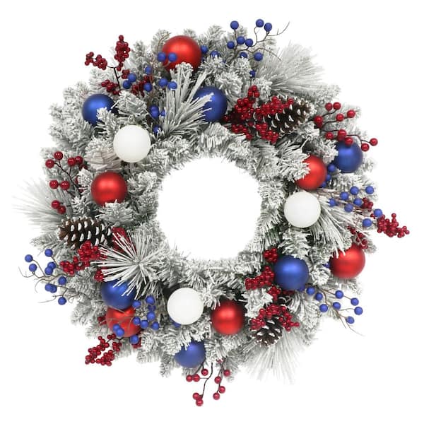 24 in. Unlit Flocked Artificial Christmas Wreath with Red, White, and Blue Decorations