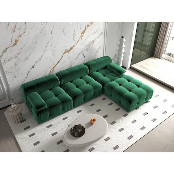 J&E Home 103.95 in. W Square Arm Velvet L Shaped Modular Free Combination Sofa with Ottoman in Green