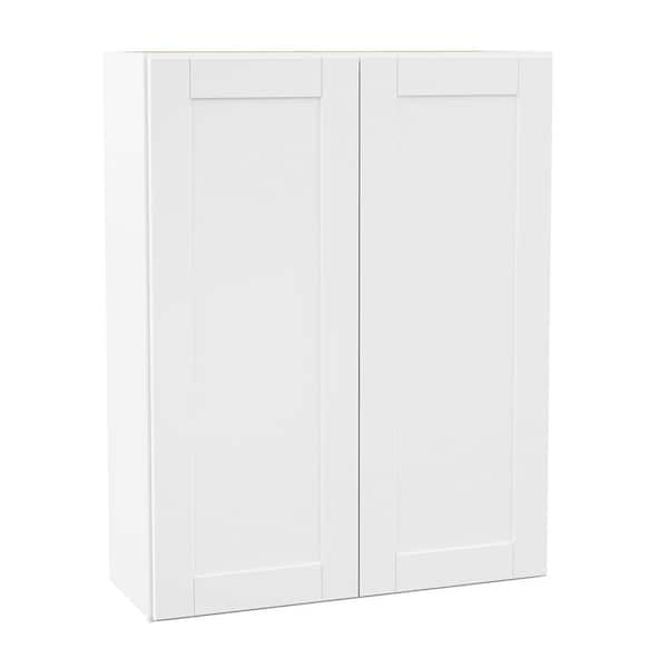 Hampton Bay Shaker 33 in. W x 12 in. D x 42 in. H Assembled Wall Cabinet in Satin White