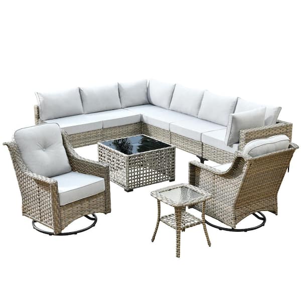 Howell 10-Piece Wicker Outdoor Patio Conversation Sofa Furniture Set with Swivel Rocking Chairs and Light Grey Cushions