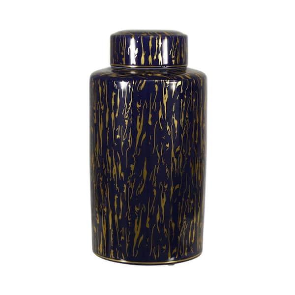 Benjara Gold Jar with Lid Closure and Abstract Line Pattern