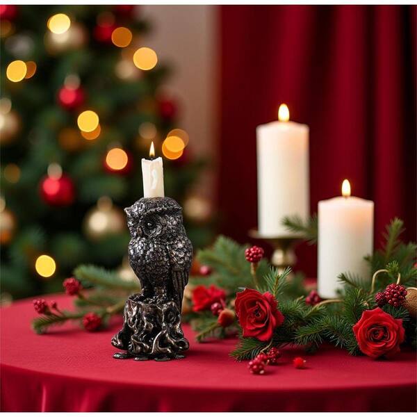 Black Resin Christmas Owl Candle Holder Witchy Xmas Decor Occult