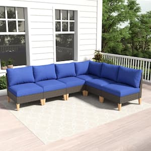 Chic Relax Brown Wicker 6-Seat Outdoor Sectional Sofa Set Patio Conversation Set with Blue Cushions