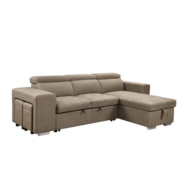 sumyeg 105 in. Reversible Microfiber Sectional Sofa in Light Brown with Pull-out Bed, Storage Chaise and 2 Stools