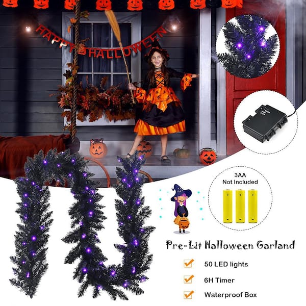 Costway 9 ft. Pre-Lit Christmas Halloween Wreath Garland Black with 50  Purple LED Lights CM23475 - The Home Depot