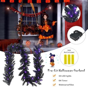 9 ft. Pre-Lit Christmas Halloween Wreath Garland Black with 50 Purple LED Lights