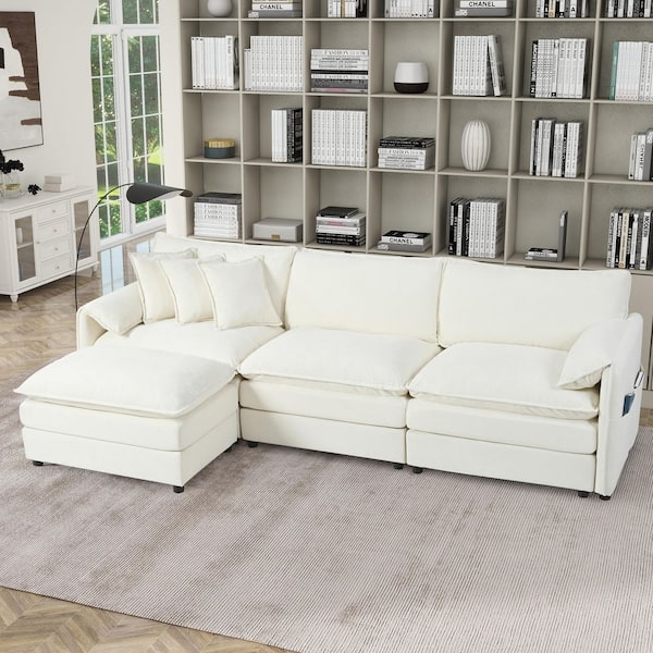 Amber Modern 109.45 in. 4-Piece Chenille L-Shaped Modular Sectional Sofa in Beige with Ottoman
