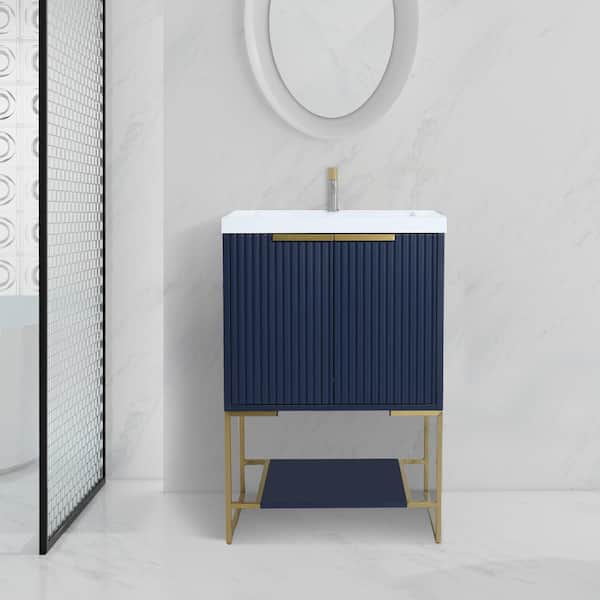 FUNKOL 24 in. W Modern Style Freestanding Bathroom Vanity with White Resin Basin in Navy Blue