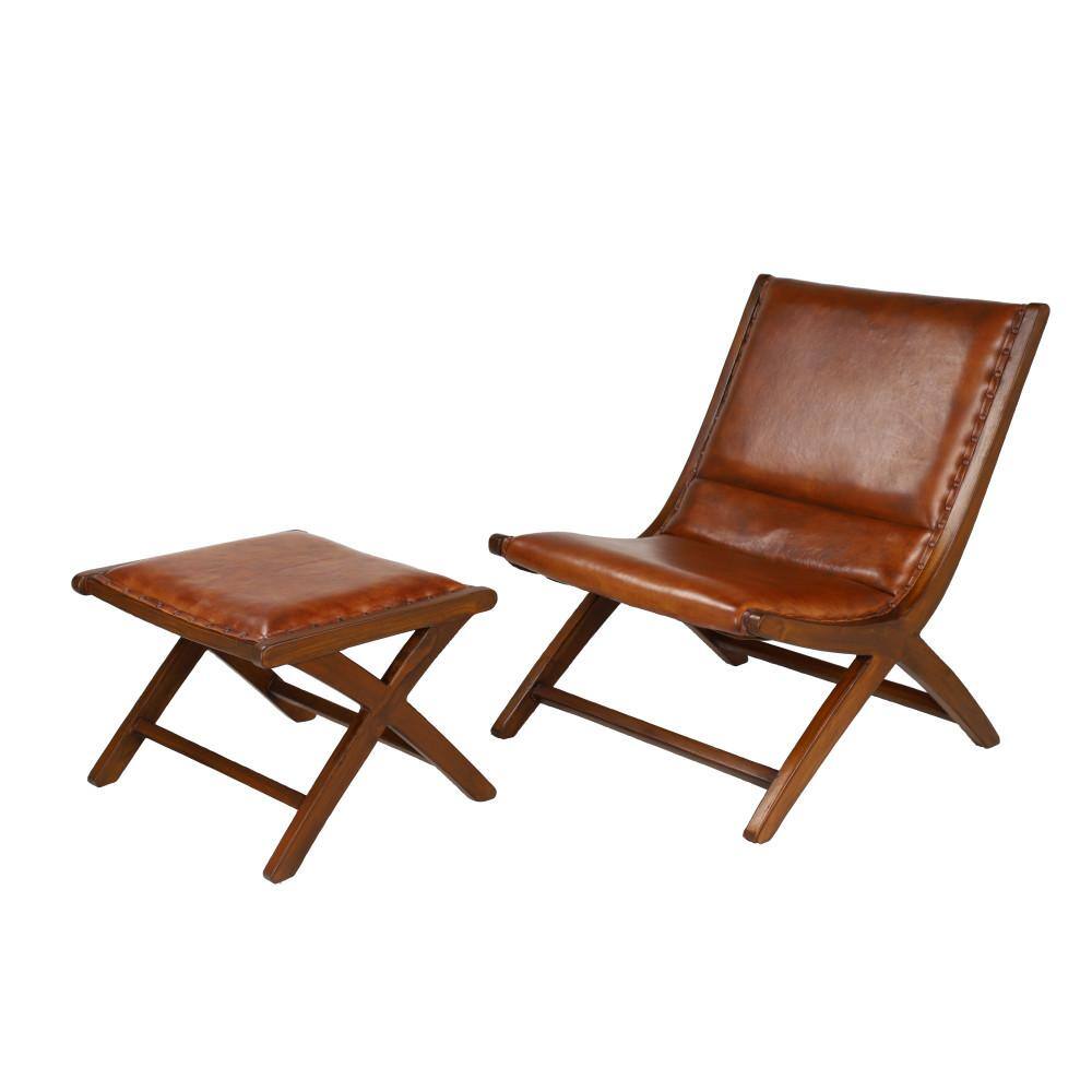 Set of 2 Brown Teak Wood Leather Accent Chairs with Ottoman