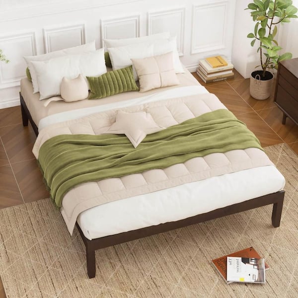 Costway Brown Wooden Frame Full Size Platform Bed 14 in. with Rubber Wood Legs Under-bed Storage