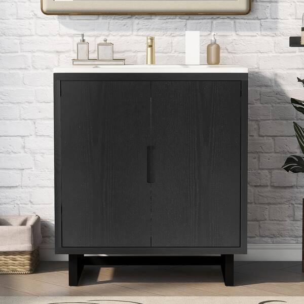 FORCLOVER 30 in. W Solid Wood Frame Freestanding Single Sink Black Bath Vanity with White Resin Top
