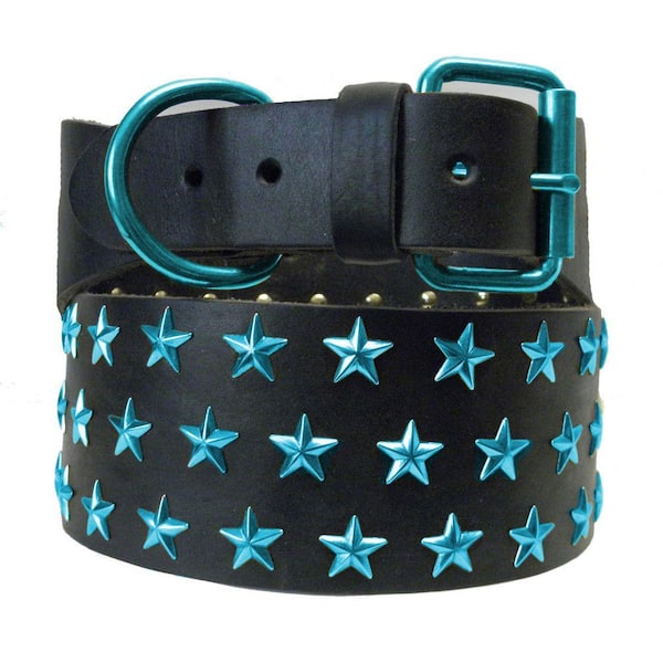 Platinum Pets 31 in. Black Genuine Leather Dog Collar in Teal Stars