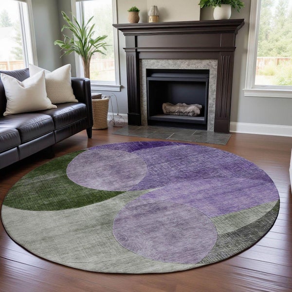 Mayfield Premium Machine Washable Abstract AMF1140 Lavender 8 ft. x 8 ft. Round Rug
