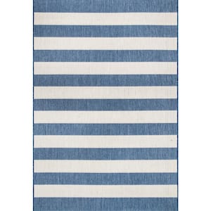 Haylie Chevron Striped Blue 5 ft. x 8 ft. Indoor/Outdoor Patio Area Rug