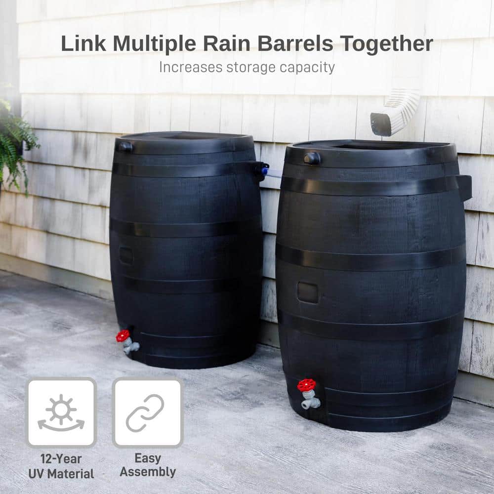 Black 50 Gallon Recycled Plastic Rain Barrel