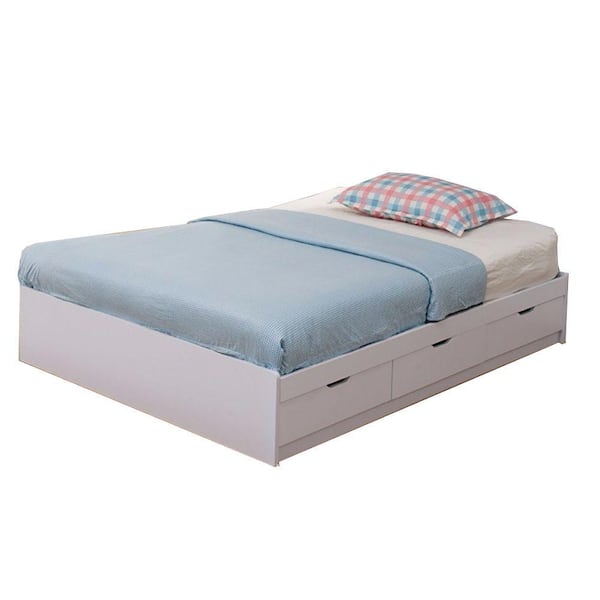 Benjara Contemporary Style White Wooden Frame Full Size Bed with 3-Drawers