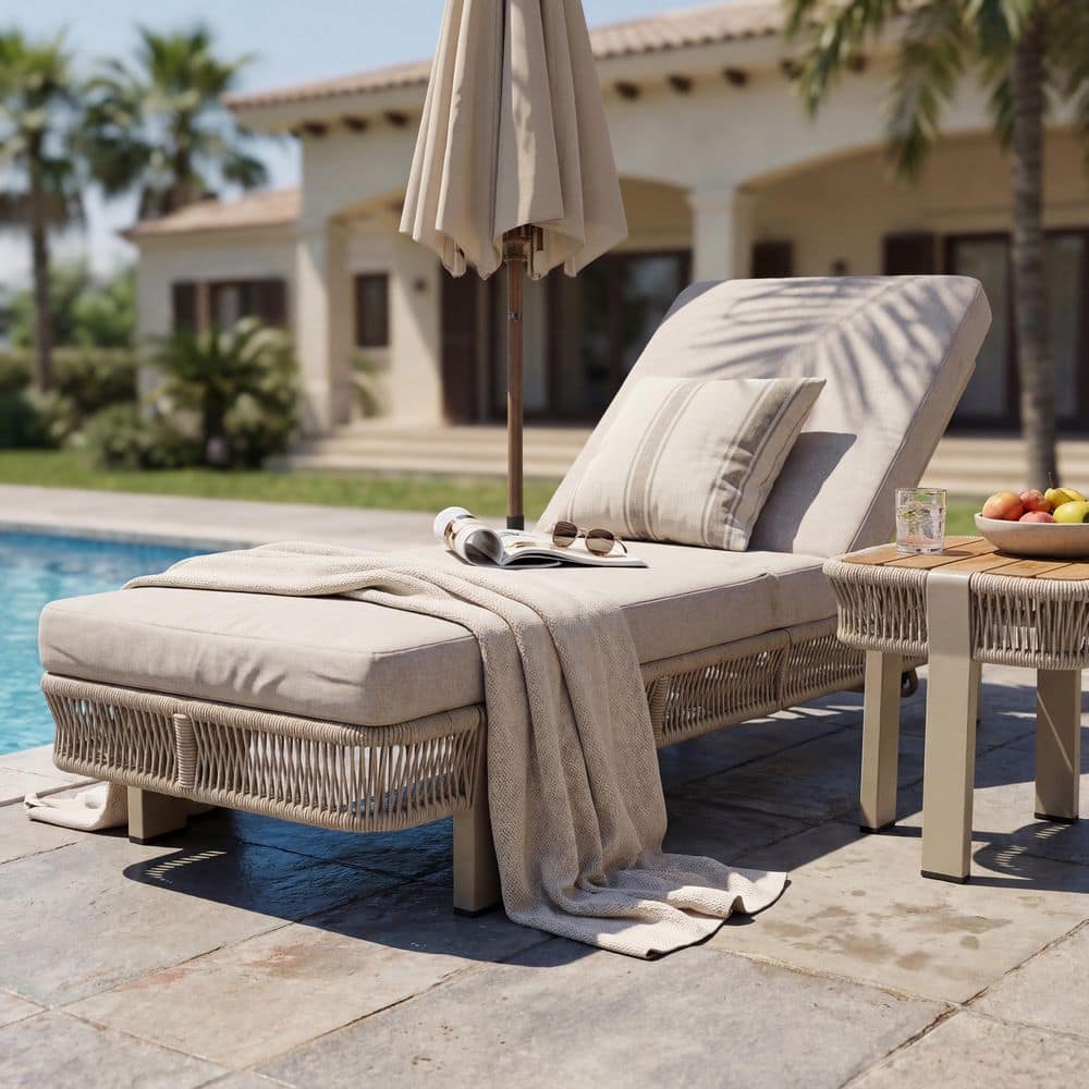 Orson Beige 1-Piece Metal and Rope Weave Adjustable Patio Outdoor Chaise Lounge with Beige Cushions price history on PriceWatchPro