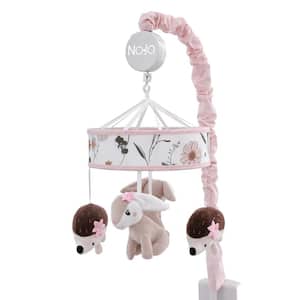Keep Blooming Pink Florals with Taupe Bunny and Brown Hedgehog Musical Baby Mobile