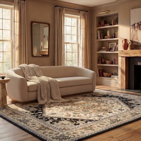 Heritage Beige/Navy 10 ft. x 14 ft. Border Floral Medallion Area Rug