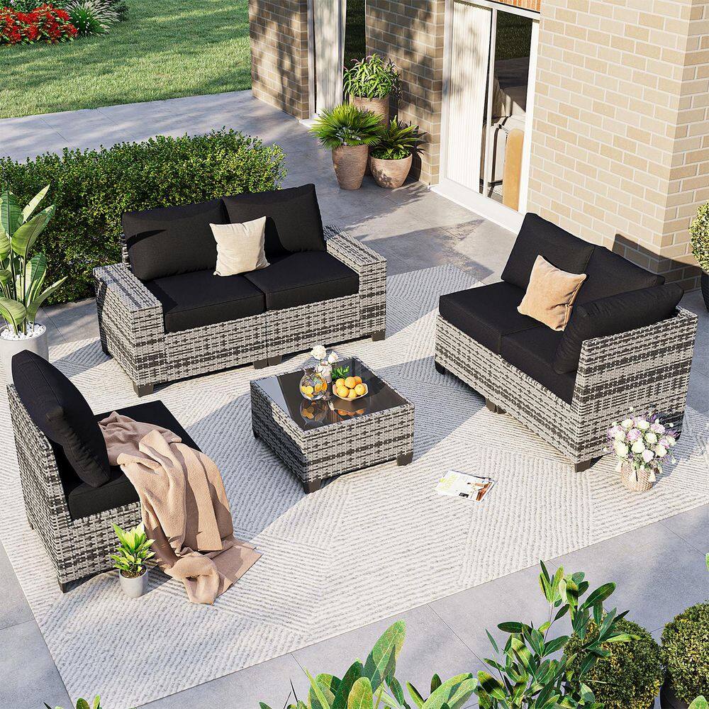 Gray 6-Piece Rattan Wicker Outdoor Patio Conversation Set with Black Cushions, Coffee Table and Cover price history on PriceWatchPro