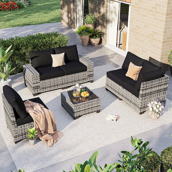 Sizzim Gray 6-Piece Rattan Wicker Outdoor Patio Conversation Set with Black Cushions, Coffee Table and Cover