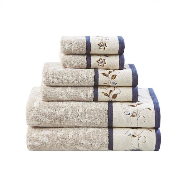 6-Piece Navy Embroidered Jacquard 100% Cotton Bath Towel Set, Oeko