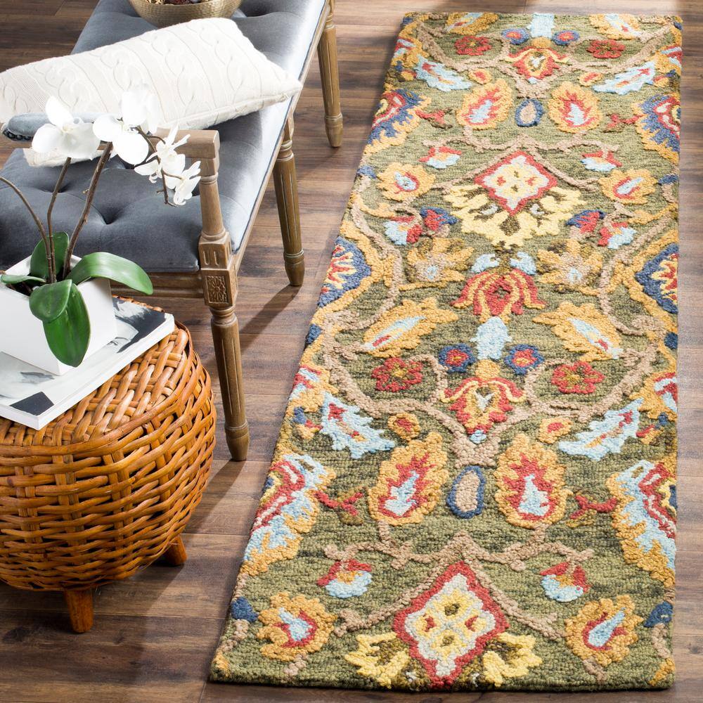 Floral Elegance Hand-Tufted Wool Runner Rug in Green/Multi - 2'3" x 12'