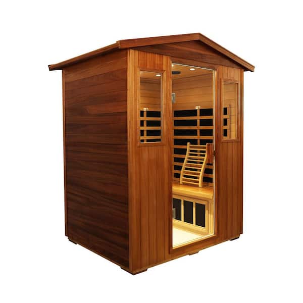 4-Person Indoor/Outdoor Wood Infrared Sauna Khaya Wood Sauna Room with LED Lighting in Natural Wood Finish