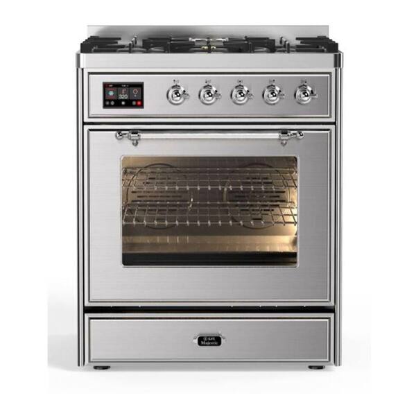 Majestic II 30 in. Dual Fuel Range with 5 Sealed Burners, Glass Door, Chrome Trim in Stainless Steel