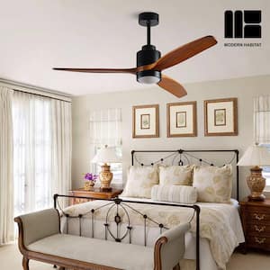 Blade Span 52 in. Indoor Walnut Wood Blades Black Modern Ceiling Fan with LED Bulb Included with Remote Included