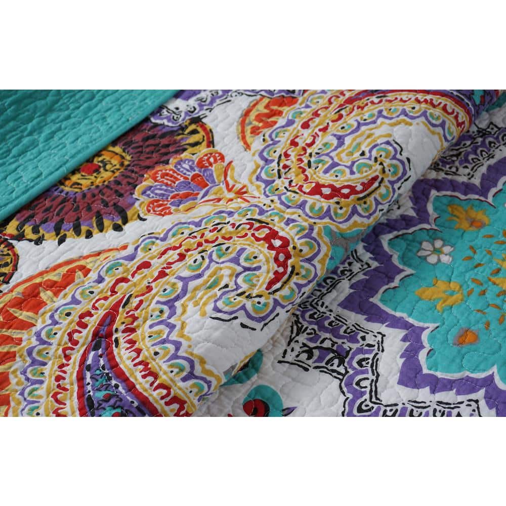 Nirvana Quilted Cotton Throw in Blue, Purple, Red - Reversible and Washable