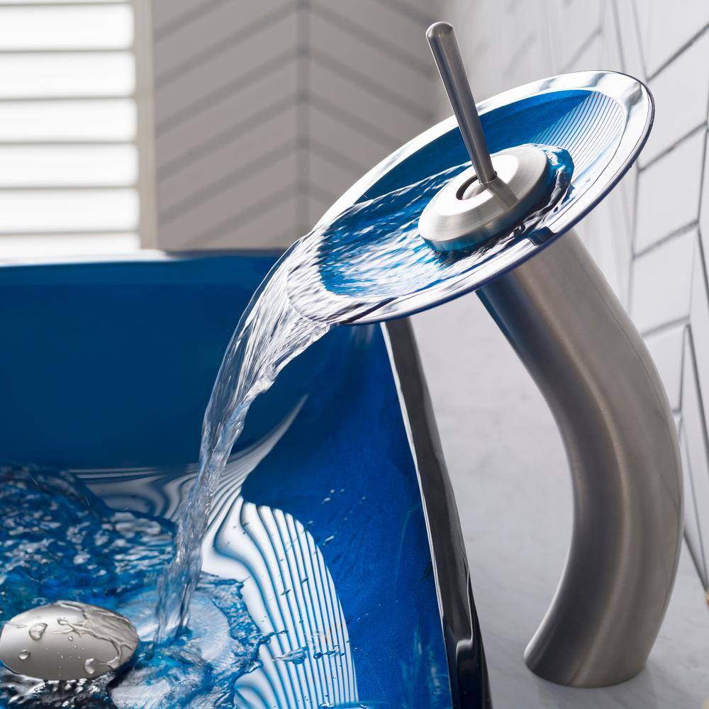 Fire Blue Glass Rectangular Vessel Sink with Satin Nickel Faucet
