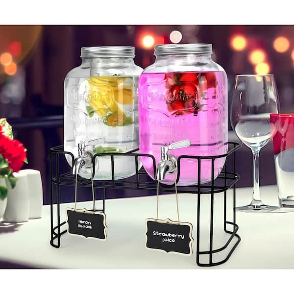 2-Pack 1 Gal. Glass Drink Dispenser, Beverage Dispenser with Stand, Spigot, Ice Cylinder & Detergent Dispenser