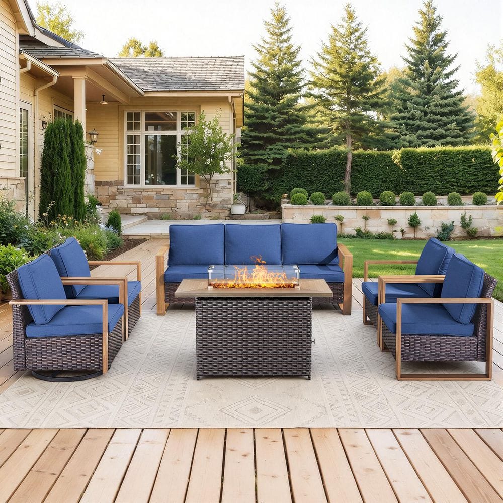 FanKan Brown 6-Piece Wicker Outdoor Glider Chair Patio Deep Seating with Rectangular Fire Table and Blue Cushions price history on PriceWatchPro