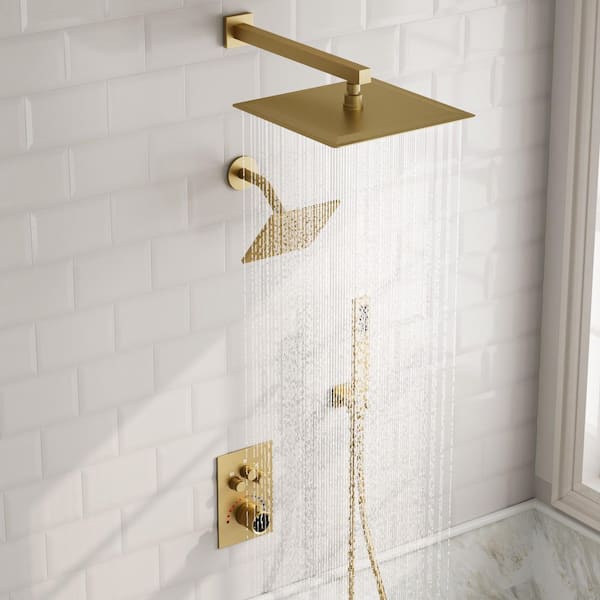 Zenith Rain 7-Spray 12, 6 in.Dual Wall Mount Shower Head and Handheld Shower Head 2.5 GPM in Brushed Gold Valve Included