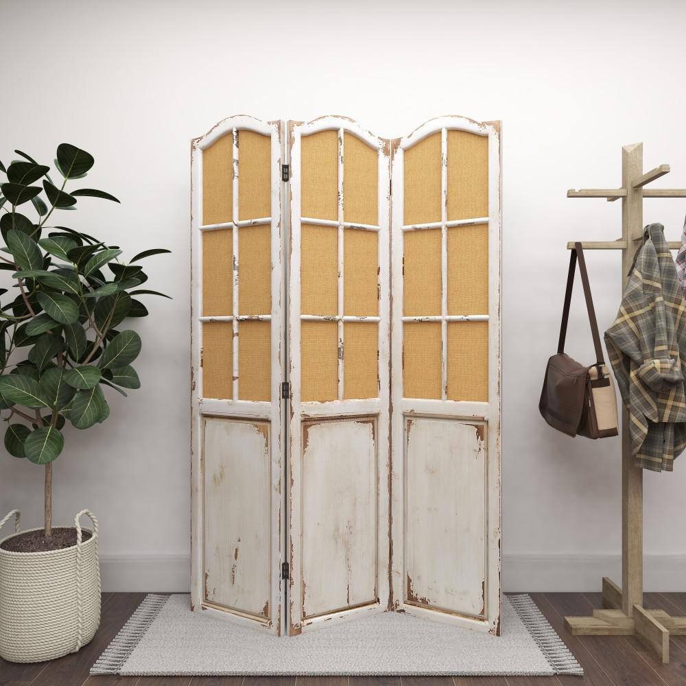 Beige and White Fir Wood Triple Panel Folding Privacy Screen