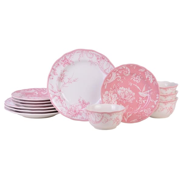 222 Fifth Adelaide Blush 12-Piece Round Porcelain Dinnerware Set (Service for Set for 4)