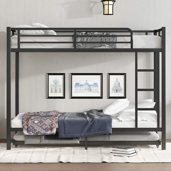 Black Twin XL over Twin XL Metal Bunk Bed with Twin Size Trundle and Guardrails Bunk Bed Frame for Kids, Teens, Adults