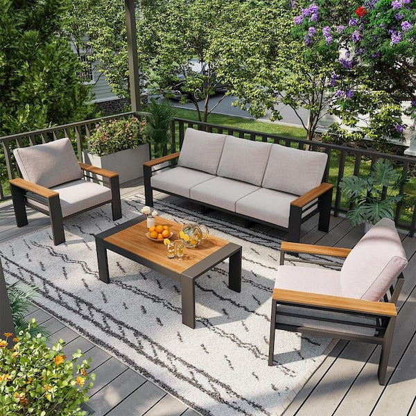4-Pieces Aluminum Patio Conversation Set Sofa Set with Armchairs, 3-Seat Sofa and Coffee Table in Light Gray