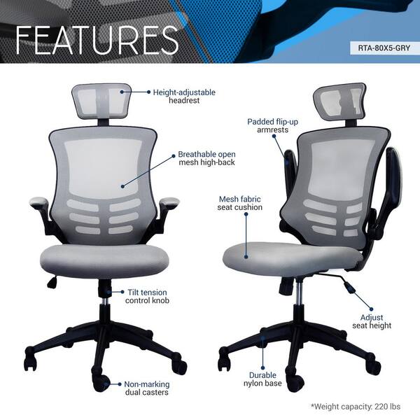 Silver Grey Fabric Ergonomic Chair With, Motostuhl Ergonomic Office Mesh Task Chair With Adjustable Headrest